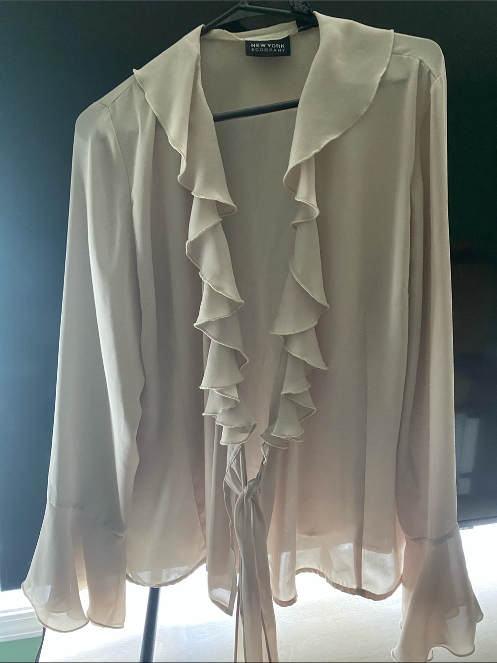 New York & Company Cream Ruffle Tie-Front Blouse